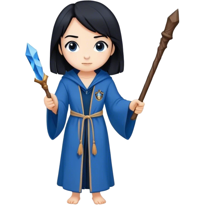 Girl with straight black hair and a ravenclaw Robe and a wooden wand emoji