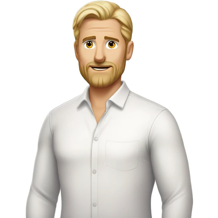 middle aged english man, short slicked back hair blonde, blonde medium length size full beard, eyesbrows not raised, in a smart white unbuttoned shirt. emoji