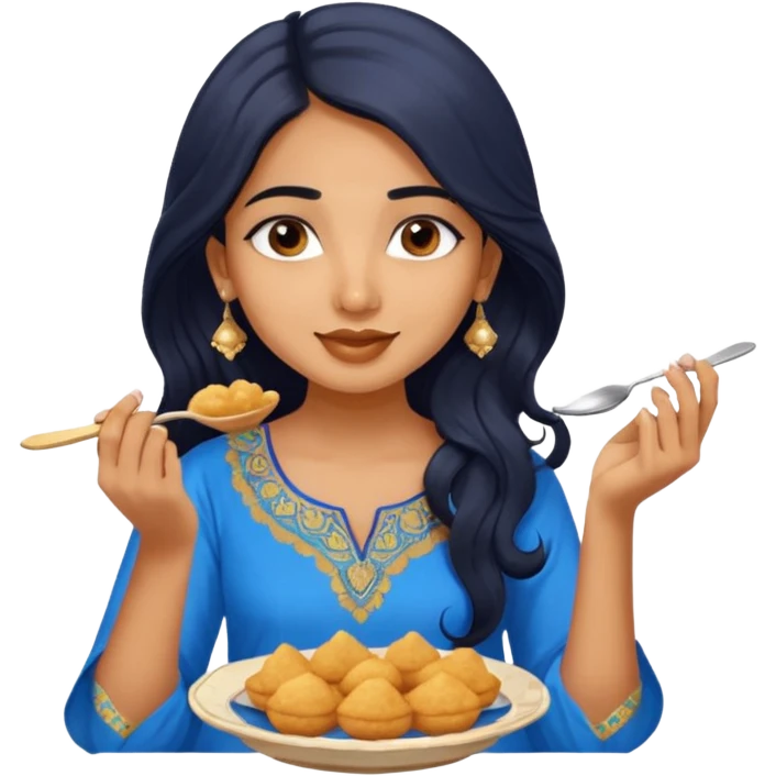 a pretty tan indian bratz girl. eyeliner on, wearing a blue kurti, eating golgappa. NO SPOON. wavy long BLACK coloured hair emoji
