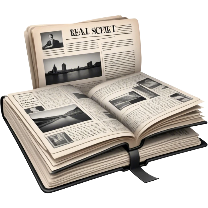 Icon for Non-Fiction & Narrative Reading: an open book with black-and-white photos on the pages, surrounded by a pile of newspaper clippings, and an open folder with top-secret documents. The icon should reflect the blend of real stories and facts in non-fiction literature. Transparent background. emoji