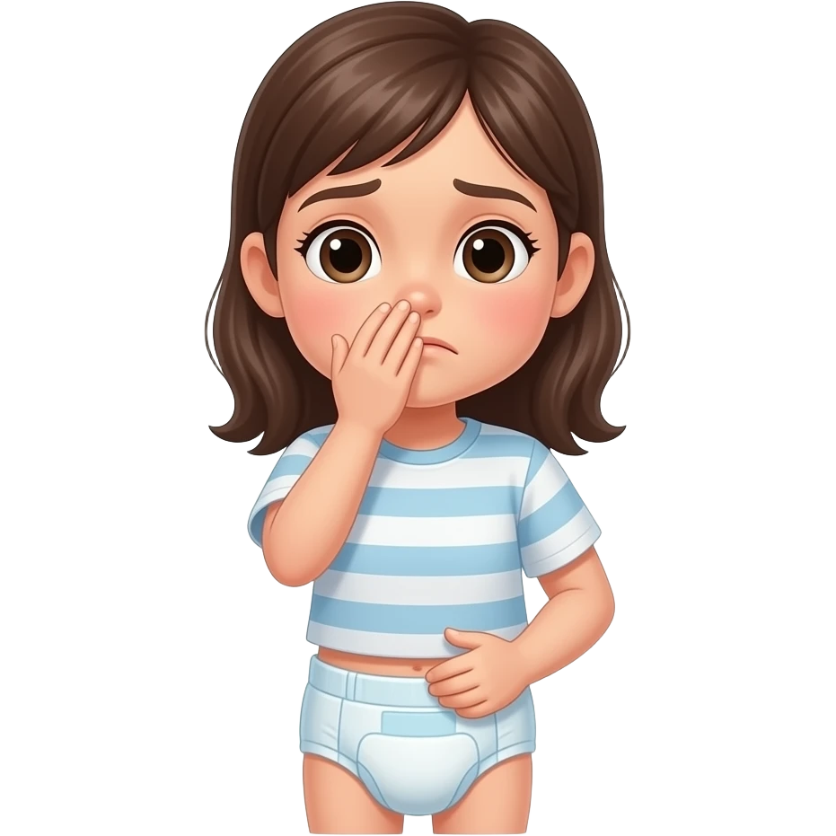 a 10yo girl wearing a nappy and a t shirt is covering her nose add reason why emoji