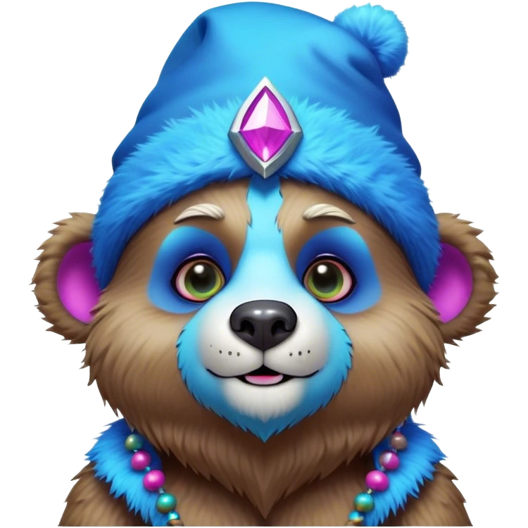 3D, adorable little Pixar style blue neon punk bear wearing a jester hat, ultra detailed, each lash, eye, and strand of fur is shown in stunning detail as though captured in a timeless photograph, rich textures, visually rich, so lifelike it feels like it could leap off the page at any moment emoji