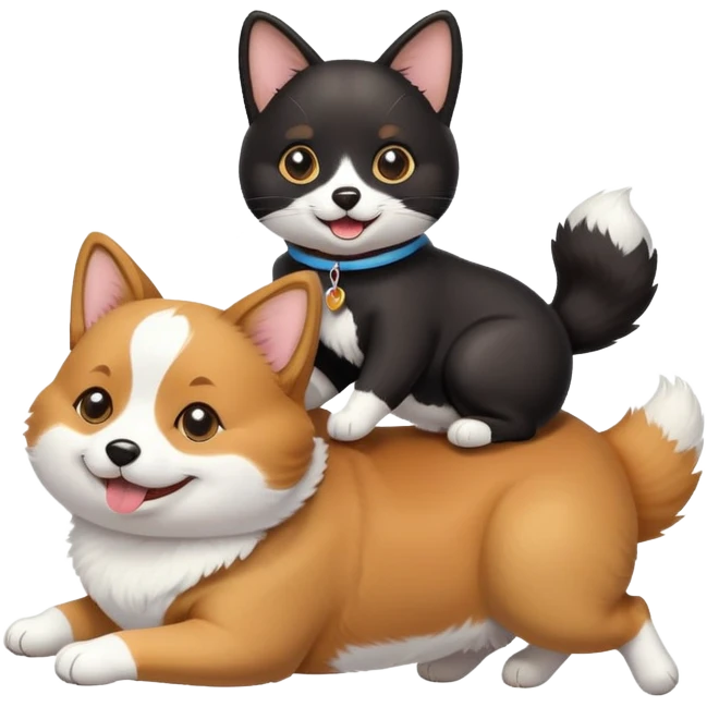 Black ￼ cat riding a corgi ￼ emoji