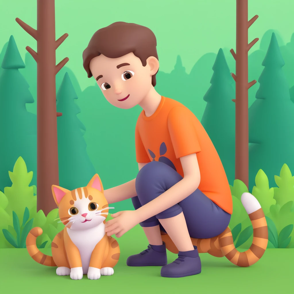 boy and cat pet in forrest background, close up pose emoji
