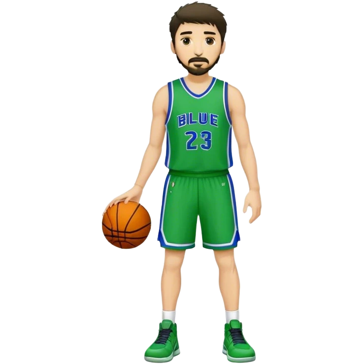 Full Body  white male basketball player with short dark shaggy hair and goatee wearing blue and green uniform emoji
