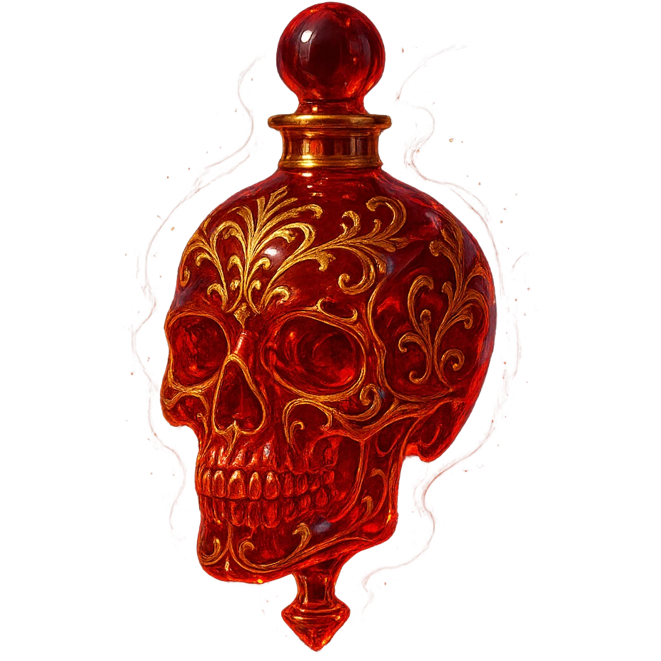 premium class crystal elixir bottle skull-shaped, red color, very small barely visible golden collar, lots of glowing, edges, ornaments, golden details, magical effects, transparent background, beautiful connected bottom, bottle clearly floating in air, no base or shadow, very luxurious, matches a collection emoji