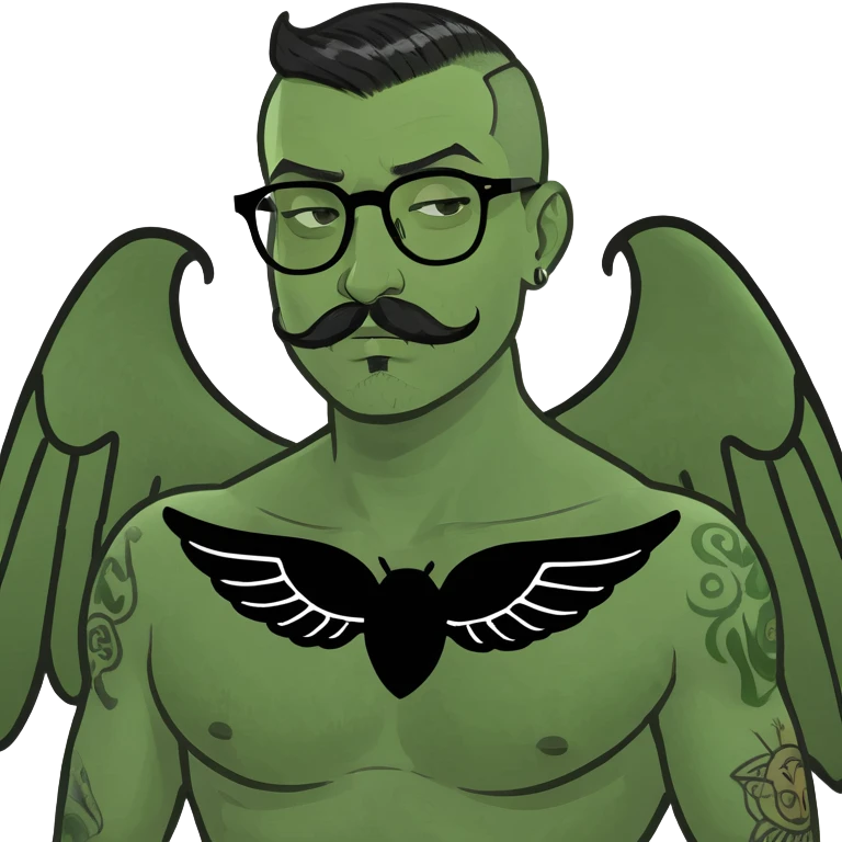 pumped up white male, glasses, buzz cut black hair, handlebar mustache black, two wings tattooed on his chest emoji