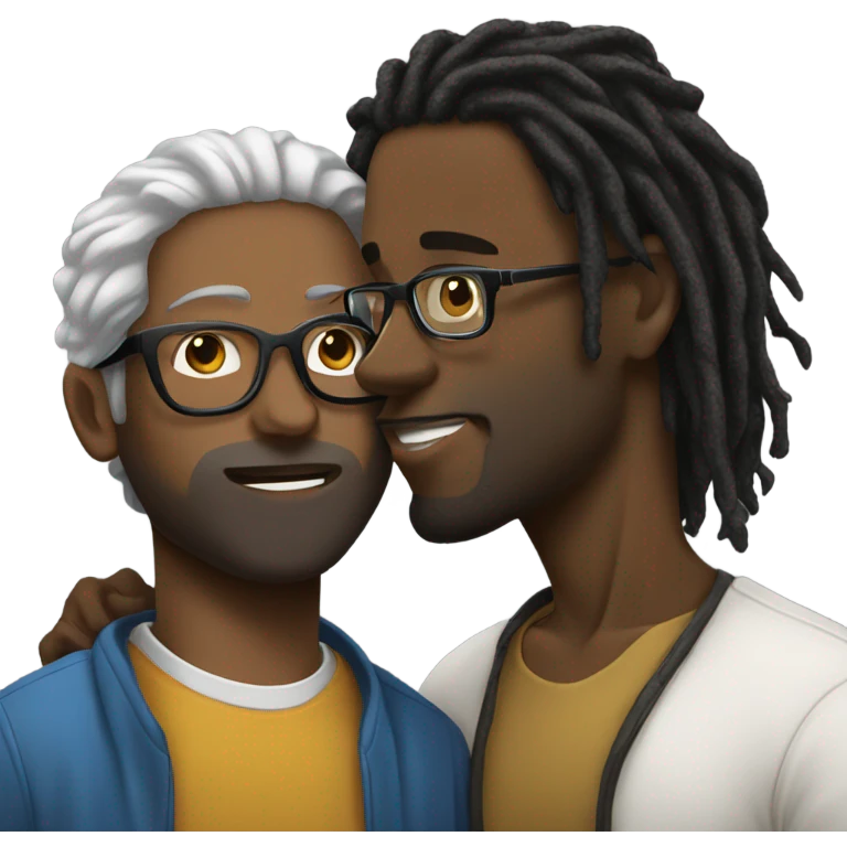Black guy with dreads kissing white guy with glasses emoji