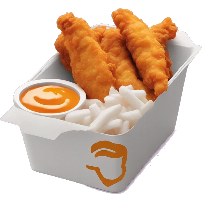 3 chicken tenders with crinkle fries and orange sauce on the side in a styrofoam container styrofoam container emoji