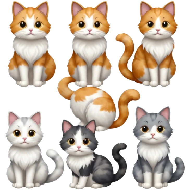 6 realistic looking cats with different natural coloured coats, assorted grey and white, greys, calicos etc
 emoji