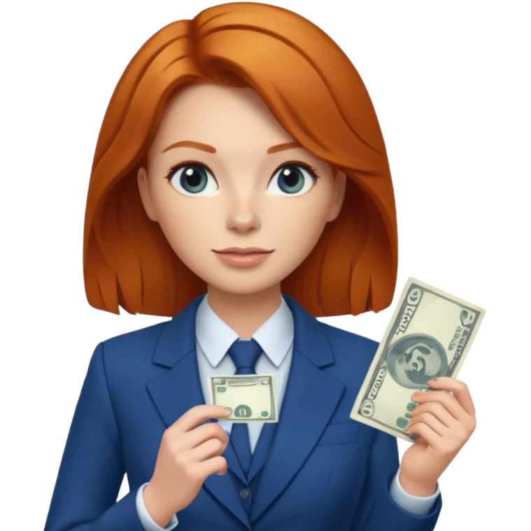 ginger hair Woman wearing blue suit holding dolar emoji