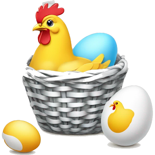 A basket of Easter eggs, next to it lies a cracked egg from which a chicken has hatched. emoji