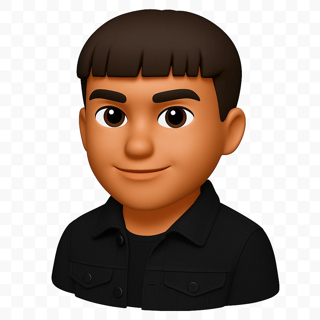 Make the character look straight at the viewer and be slightly more tanned, confident face, black denim jacket, keep 3d-emoji style emoji