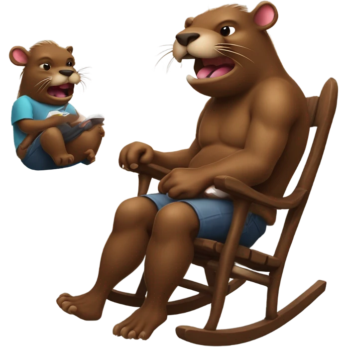 Giant beaver man in rocking chair petting his demon pet emoji