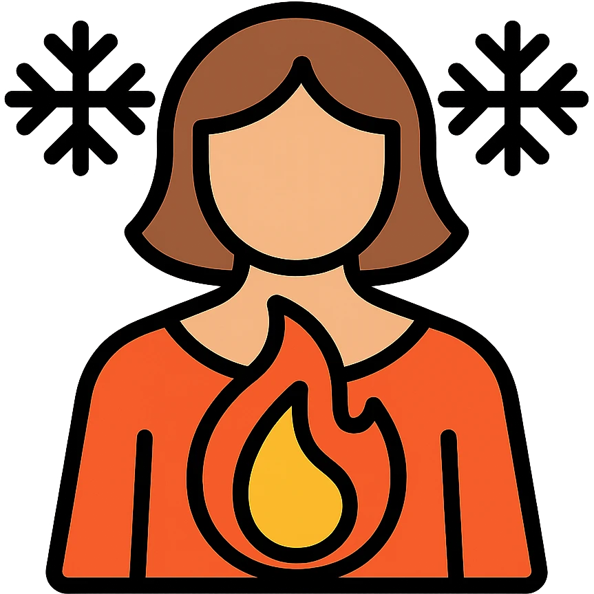 abstract female icon with a warm flame at the core and icy snowflake elements around the edges, menopause symbolism emoji