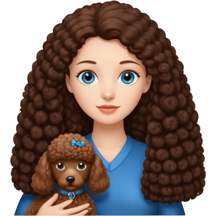 Kobieta w białej koszuli, z długimi brązowymi włosami i niebieskimi oczami trzyma na rękach jednokolorowego, brązowego pudla. emoji