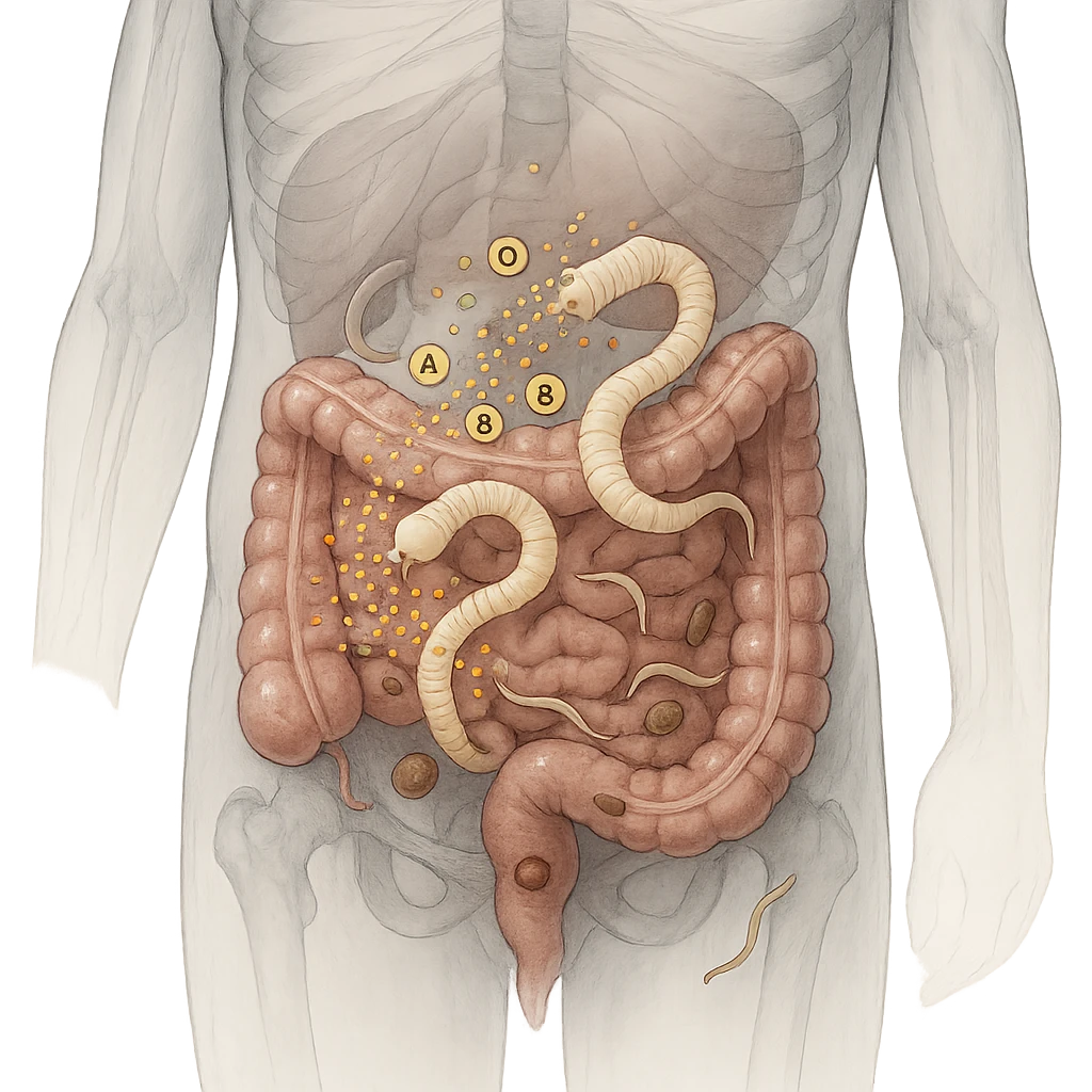 realistic transparent abdomen focusing on tapeworms absorbing nutrients, visible food particles or nutrient icons moving toward tapeworms, other parasites present, medical style emoji
