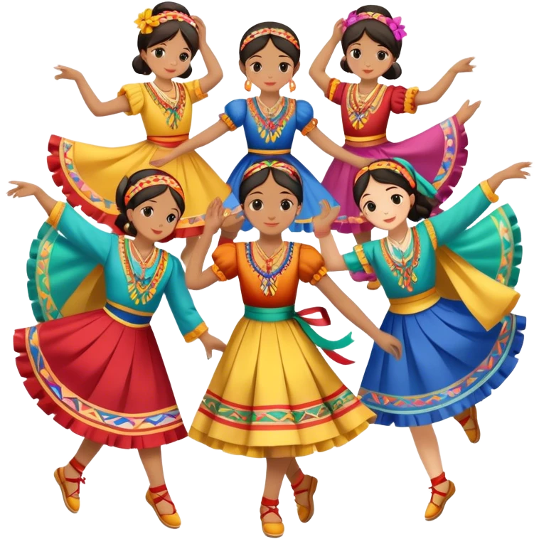 Icon for Folk Dance: close-up traditional dance dress, shoes, colorful folk costumes and a dance circle with ribbons. The icon should represent the vibrant and cultural aspects of folk dancing. Transparent background. emoji