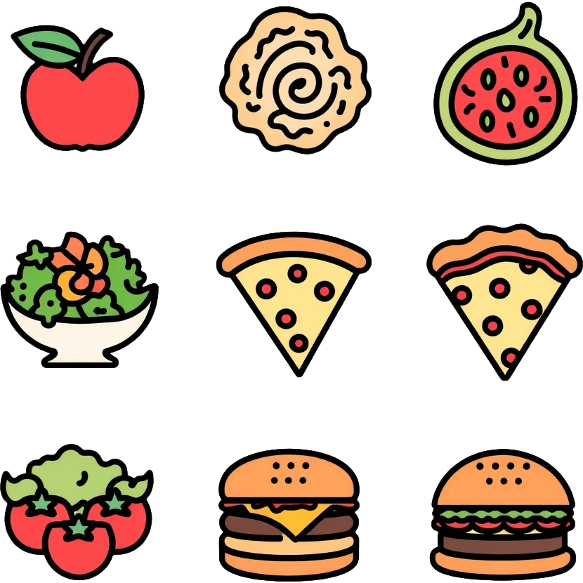 food icon set with pizza, burger, and salad emoji
