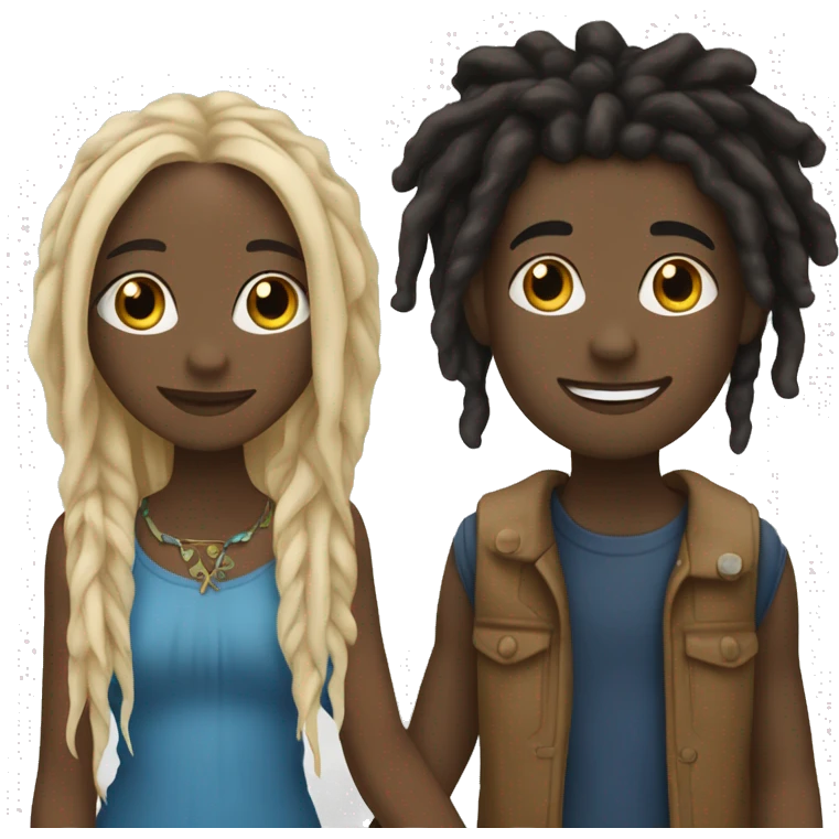 A pretty black girl with dreads holding hands with a blonde white boy with blue eyes emoji