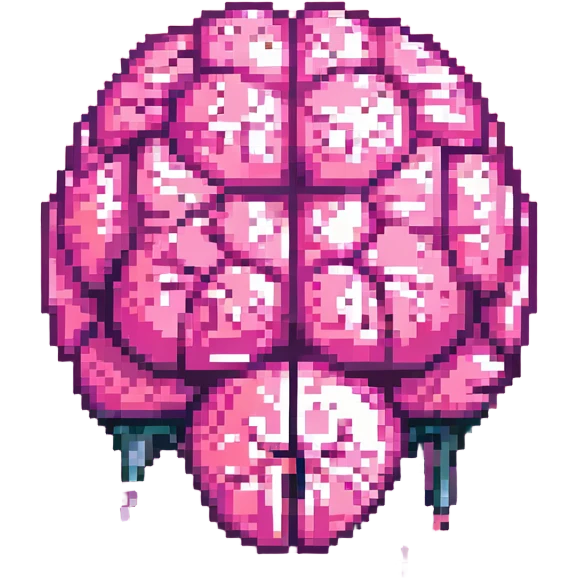 Change this 3D melting brain icon to pink color, keep it fully front facing with pixel art accents and shiny look, background transparent. emoji