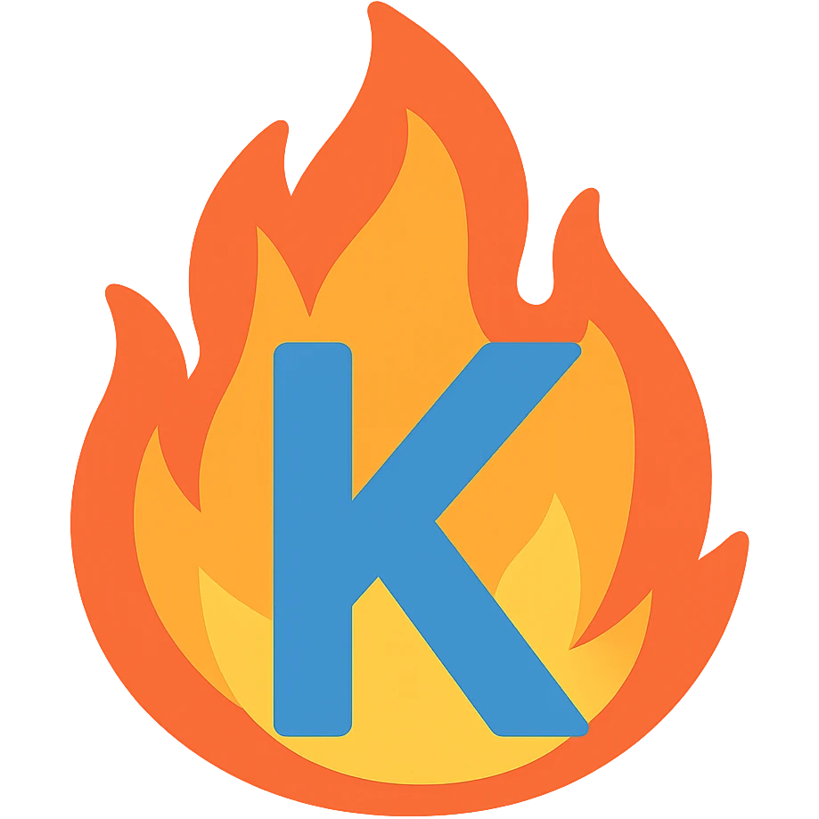 bold full color letter 'K' with dramatic flames around it expressing frustration emoji