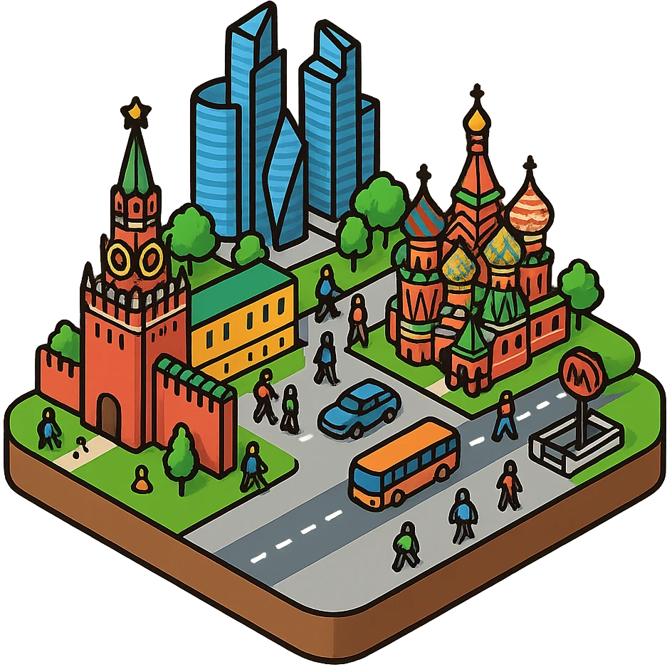 Изометричная миниатюрная фотореалистичная 3D модель Москвы на подставке - Кремль, собор Василия Блаженного, фотореалистичные Башни Москва-Сити, аккуратная детализация, четкие линии, яркие цвета, мультяшный реализм, гуляют люди и современный автотранспорт и метро, компактная композиция, вид сверху в изометрии, прозрачный фон emoji