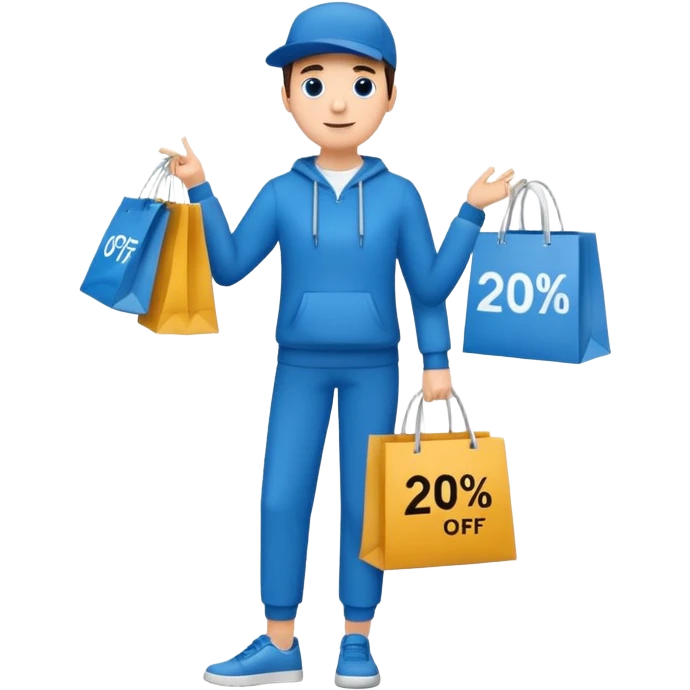Person who is waiting the sale promotion with 20% off sign, wearing blue outfit and hanging some shopping bags emoji