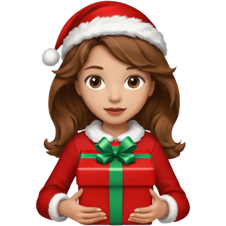 a girl with wavy brown hair wearing a christmas clothes and holding a gift emoji