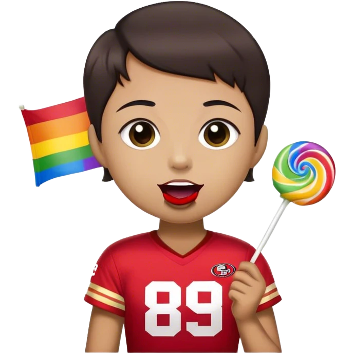 Gay pride 49ers fan licking rainbow lollipop and holding rainbow flag emoji