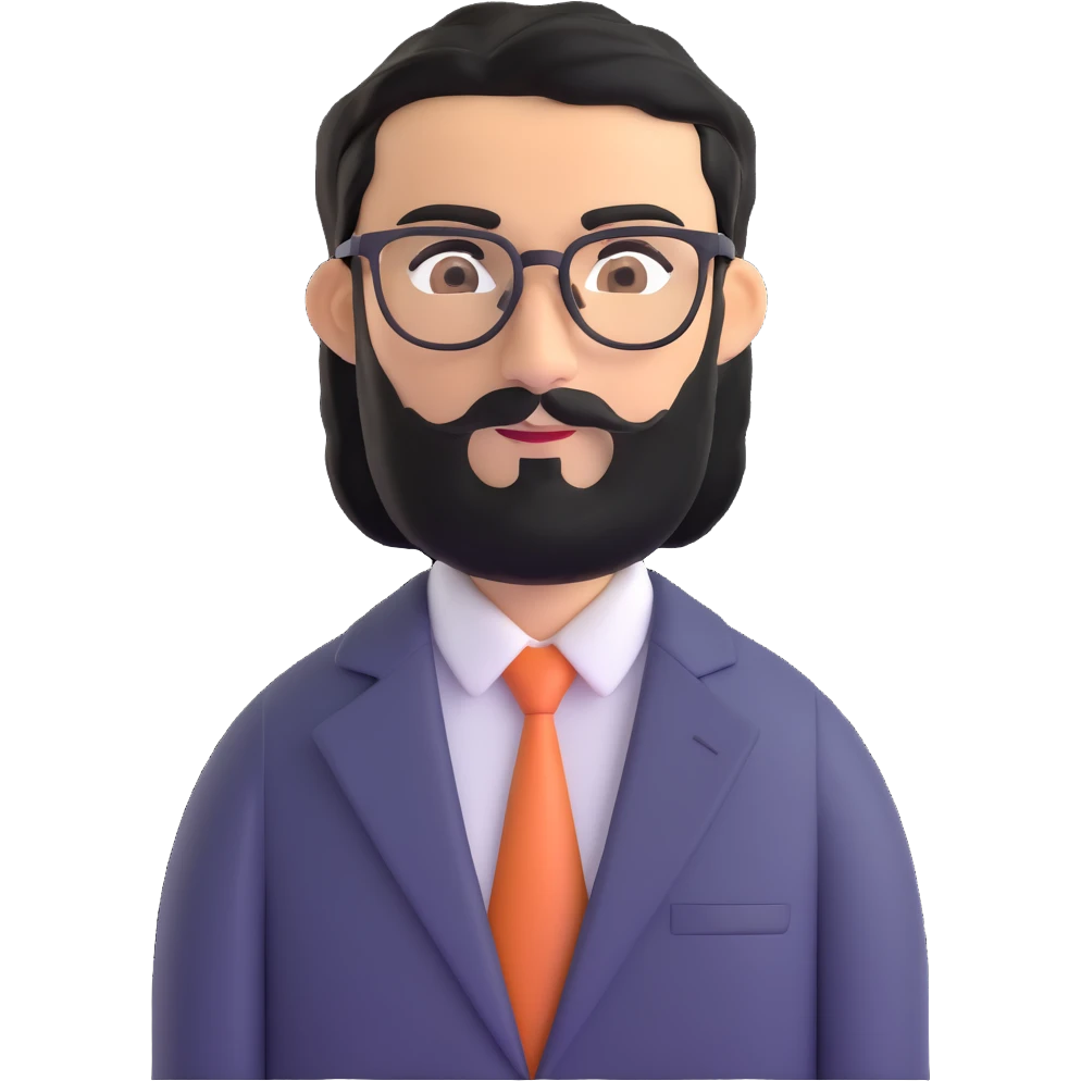 man with medium black beard, black hair, connected unibrow, olive tan skin, brown eyes, glasses, prominent long nose, wearing a professional business suit emoji