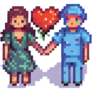 a couple holding hands with a heart above them pixel art love icon emoji