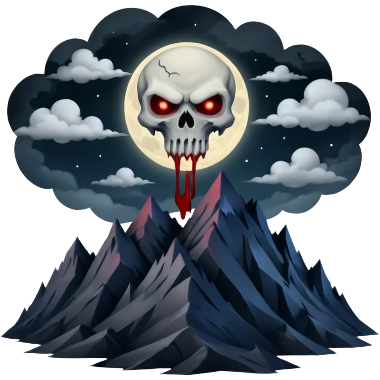 A dark and evil mountain range with a creepy moon and clouds over head. In the style of your bleeding skull art emoji