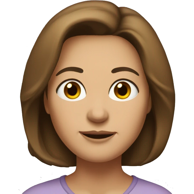 54-year-old woman with shoulder-length brown hair, black eyes, strong build and small eyes emoji