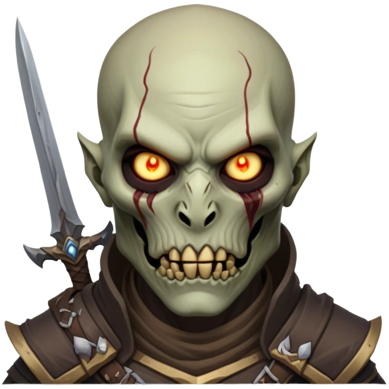Cinematic Realistic WoW Undead Warrior Portrait, head tilted epicly and inquisitively, showcasing grim resilience and defiant strength. His withered, pallid skin and intense, glowing eyes contrast starkly with his worn, earth-toned clothes, rendered in meticulous detail. With dynamic, high-contrast lighting and high shine, this portrait exudes an epic aura, capturing the relentless will of a battle-hardened undead warrior. emoji