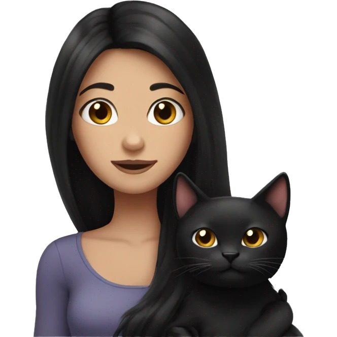 long black hair girl holding puffy black cat. emoji