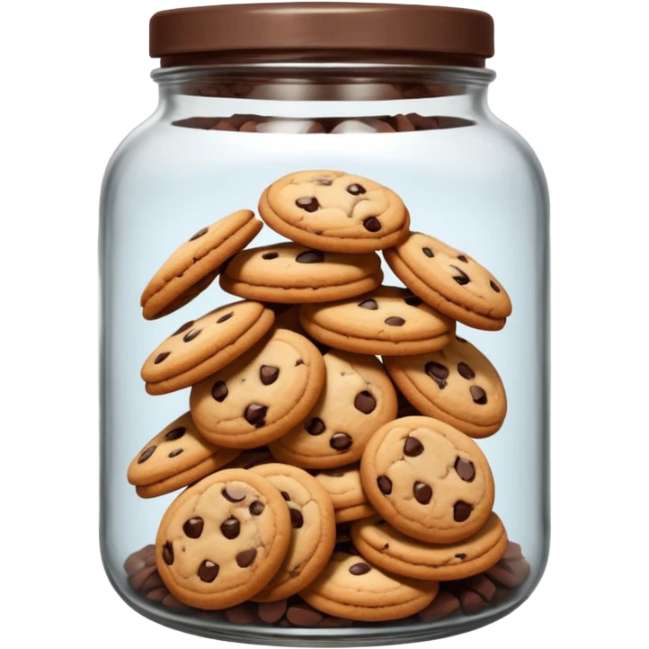 A chewy chocolate chip cozy cookie in an organized jar, saying "Cookie Jar" with some small illustrations on the jar to indicate there are cookies stored inside emoji