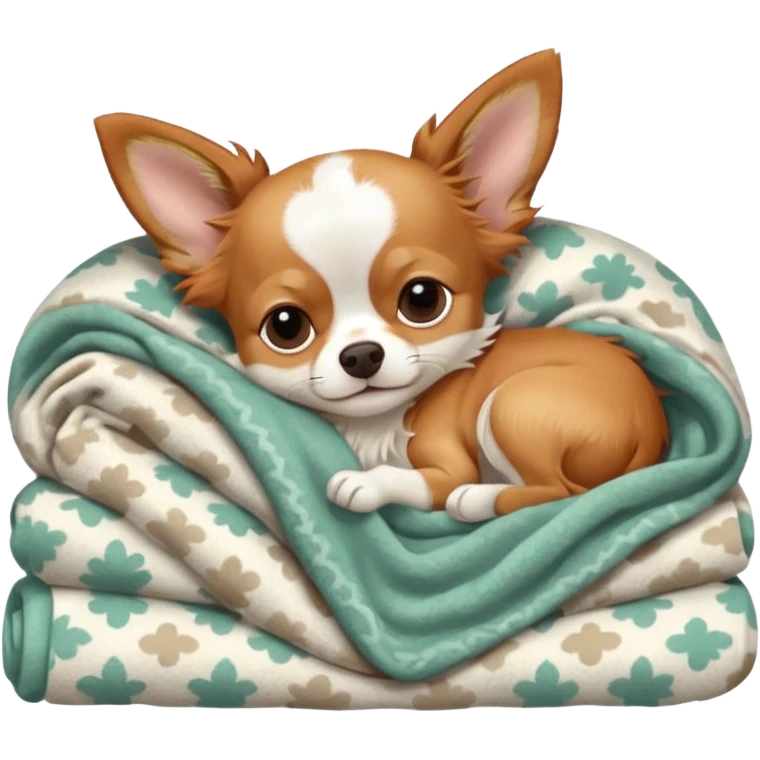 Long haired chihuahua, beige/redhaired with white chest and white socks, head without white, sleeping cutely under blanket emoji