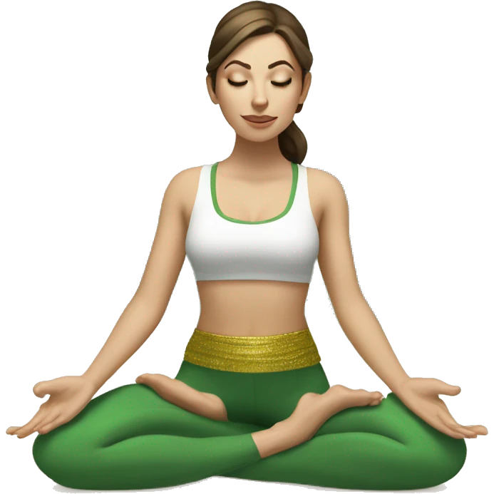 White girl brunette hair in Malasana yoga, green and gold outfit emoji