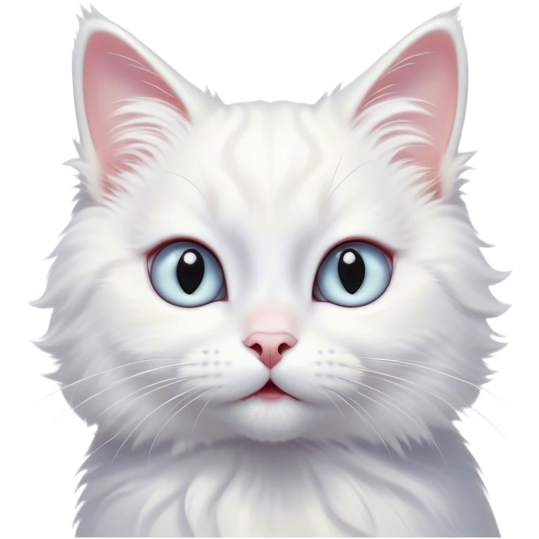 Cinematic Comical White Cat Portrait Emoji, Head tilted in an exaggerated, surprised manner with wide, sparkling eyes, showcasing a pristine white fur with subtle hints of silver and an animated, goofy expression, simplified yet whimsically detailed, glowing with a playful, bright radiance, high shine, exuding a lighthearted and comical charm, styled with a soft glowing outline, capturing the essence of a white cat that looks ready to prance comically off the screen! emoji