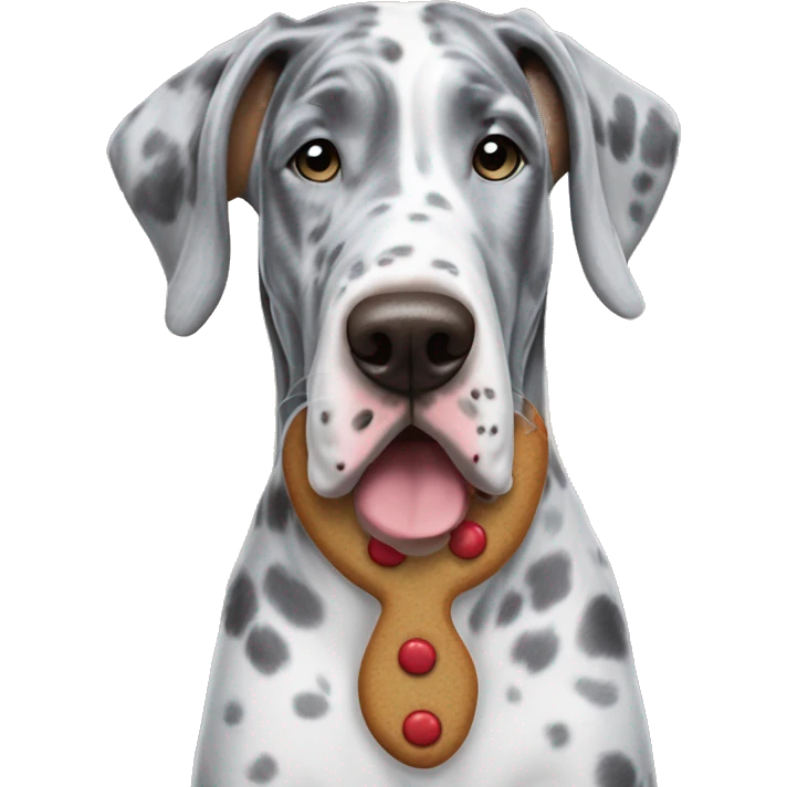 Blue Merle Great Dane dressed as gingerbread man emoji