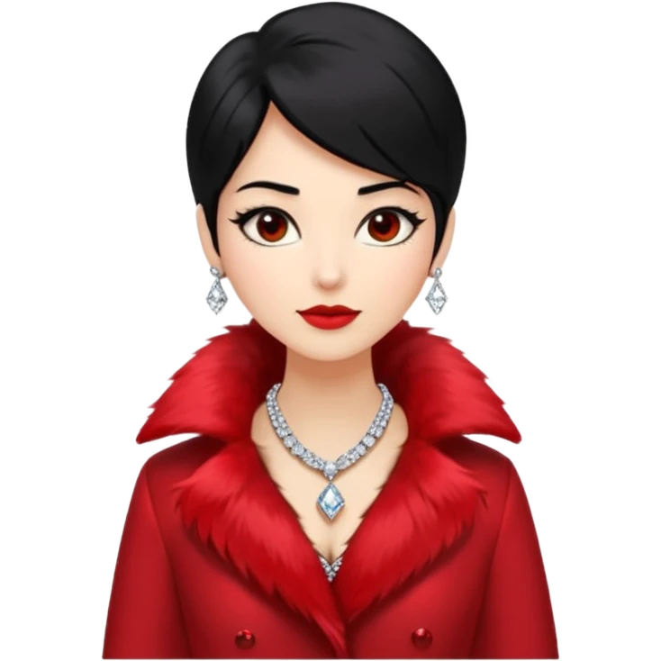 * Character: A stylish lady,black hair
* ﻿﻿Clothing: A luxurious red fur coat
* ﻿﻿Accessories: A dazzling diamond necklace
* ﻿﻿Expression: Confident, elegant, maybe slightly glamorous
* ﻿﻿Pose: Head slightly tilted or a poised posture
* ﻿﻿Style: Emoji-like, simple but expressive emoji