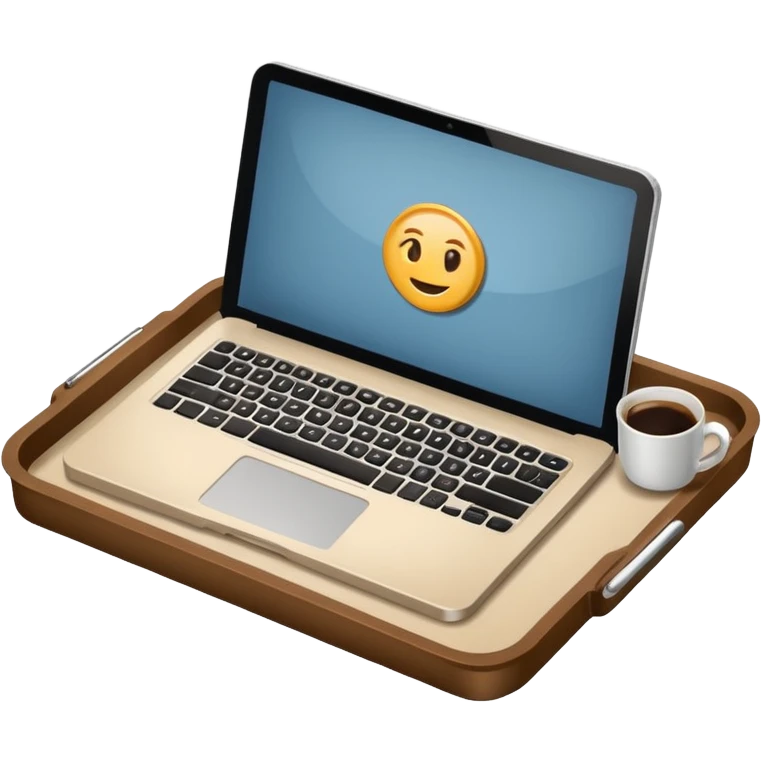 Laptop on the rectangular beige coffee tray, coffee and notebook emoji