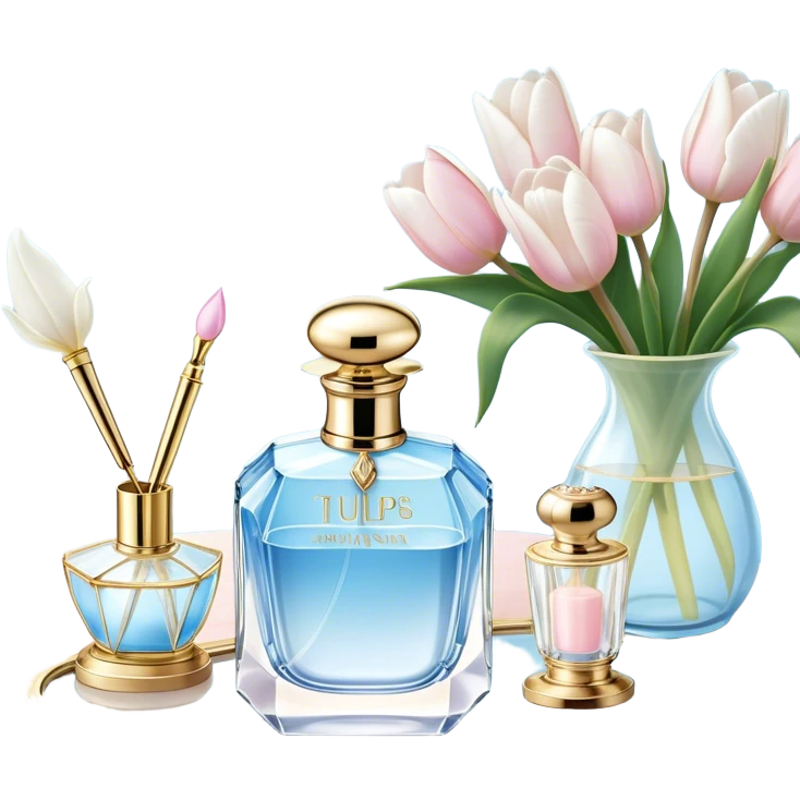 A dreamy composition of a crystal perfume bottle with an ornate golden atomizer, placed on a lace-trimmed vanity table, accompanied by a bouquet of white magnolias and soft blue tulips.
 emoji