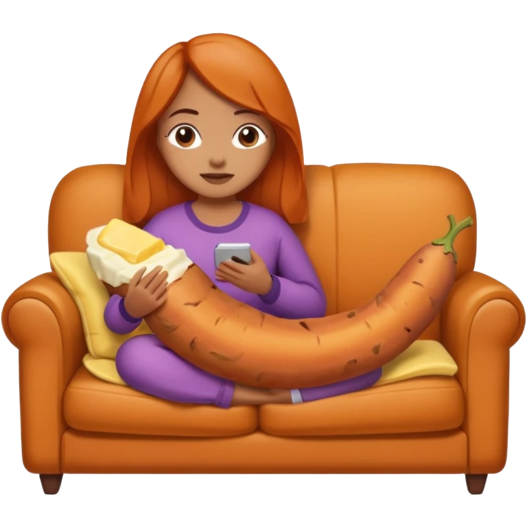 Female personified sweet potato with butter sitting on a couch very cozy watching tv  emoji