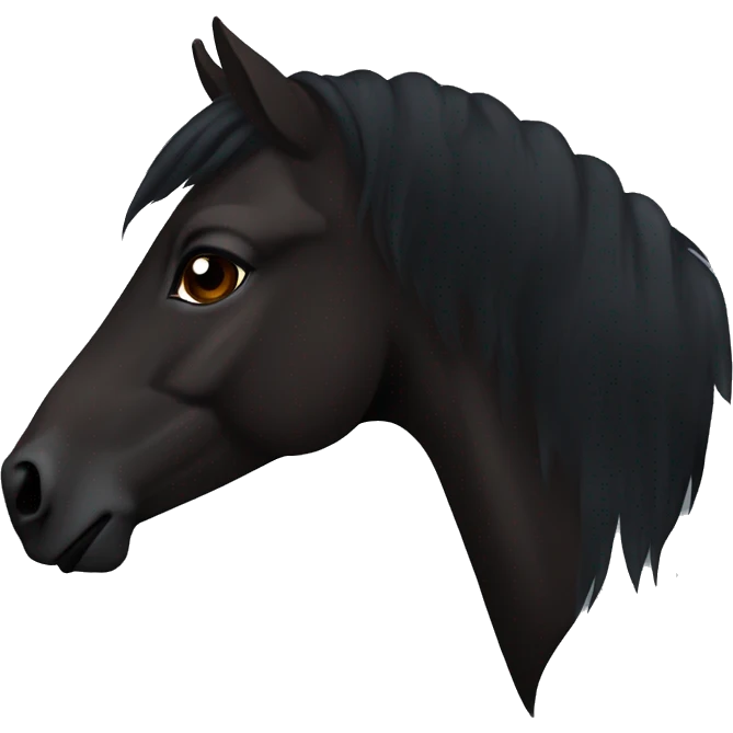 Face of a totally black horse with dark brown eyes and the end of the mane slightly brown/reddish that we see from it left side profile  emoji