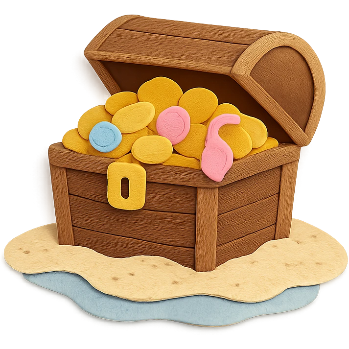 illustration of a treasure chest overflowing with gold coins and jewels on a sandy beach, paper-craft style emoji