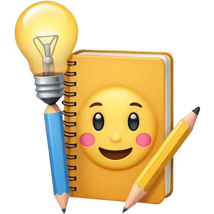 Emoji of a notebook with a pencil and a glowing lightbulb on the cover, iPhone emoji style. Flat design, smooth gradients, rounded edges, soft shadows, clean look, white background. emoji
