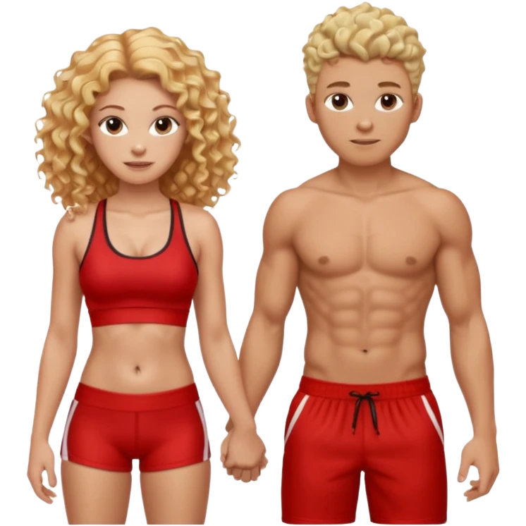 athletic man, high top fade, blonde curly hair only top only, no shirt and Athletic girl with long light red wavy long hair and black sports, Put them together kissing, or holding hands emoji