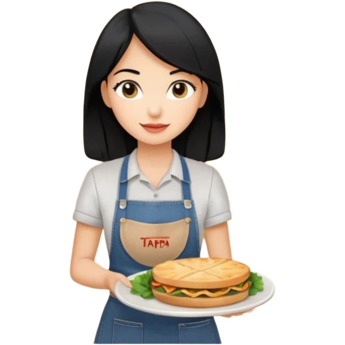 waitress with black hair and a food plate with a black tshirt and ª jeans apron. with a bigger plate and the plate with a tapa emoji